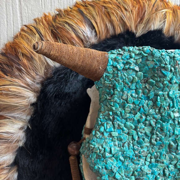 Turquoise Skull Wall Hanging Fur Feathers Leathers Accents - Picture 9 of 12